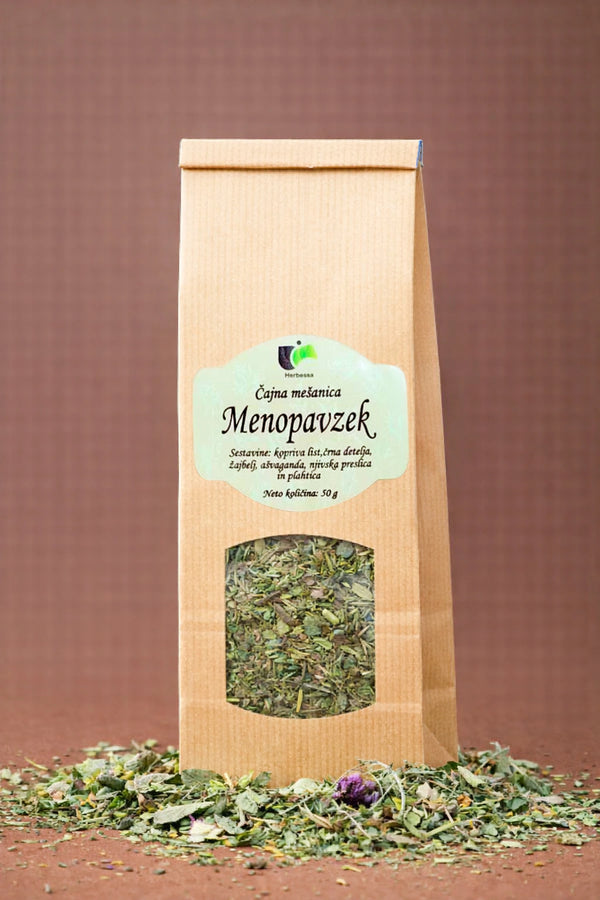 Zeliščni čaj Menopavzek Herbessa – skrbno sestavljena čajna mešanica iz 100 % čistih zelišč brez mešanja s primesmi.