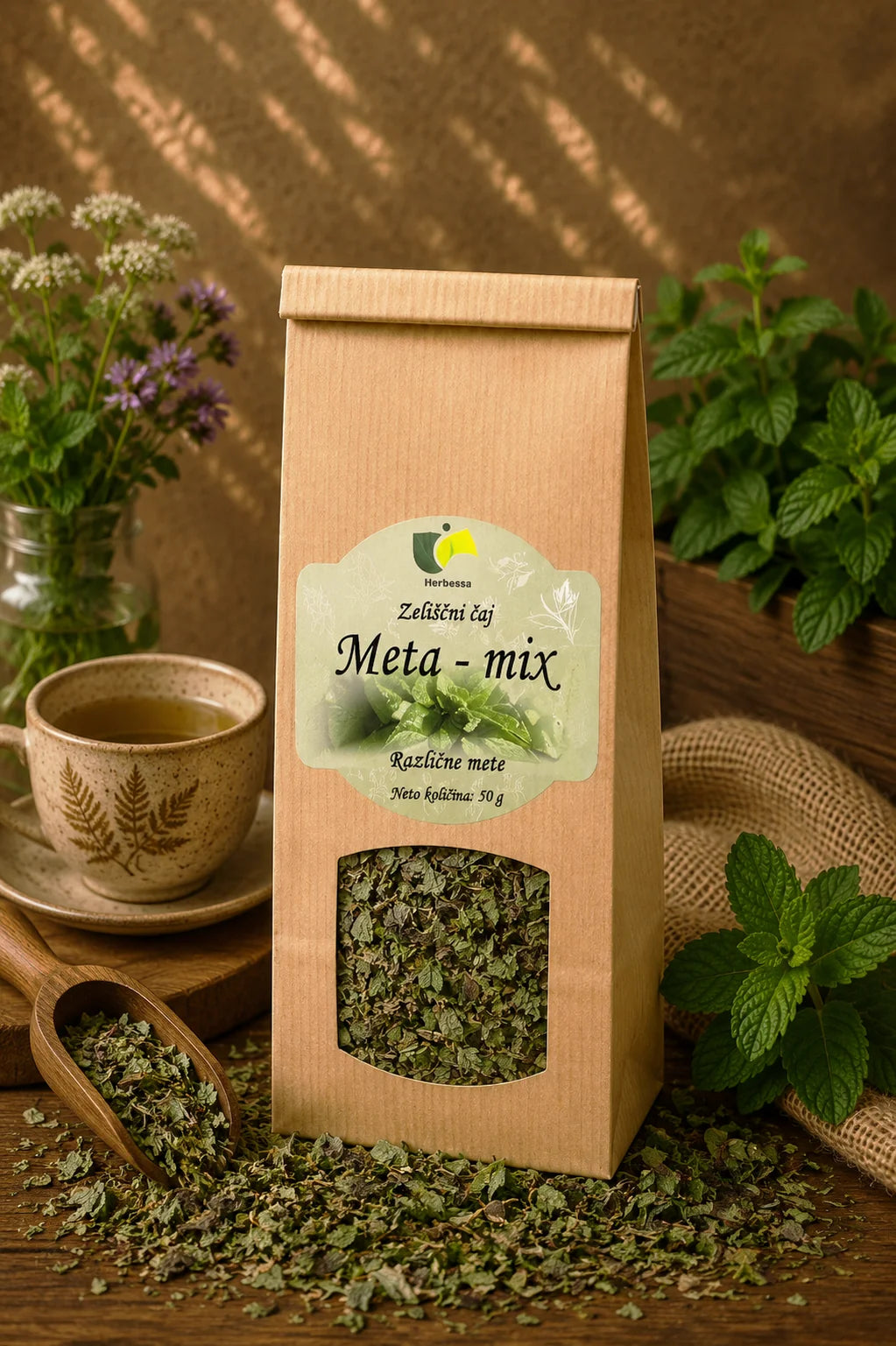 Zeliščni čaj Meta mix Herbessa – kombinacija različnih met iz lastne pridelave, sveža aroma in vrhunska kakovost.