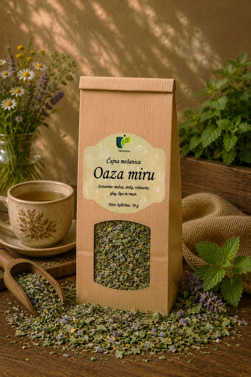 Zeliščni čaj Oaza miru Herbessa – harmonična mešanica čistih zelišč, naravna aroma in premium kakovost po dostopni ceni.