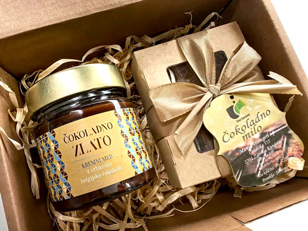 Darilni paket čokoladno milo in kremni med z belgijsko čokolado