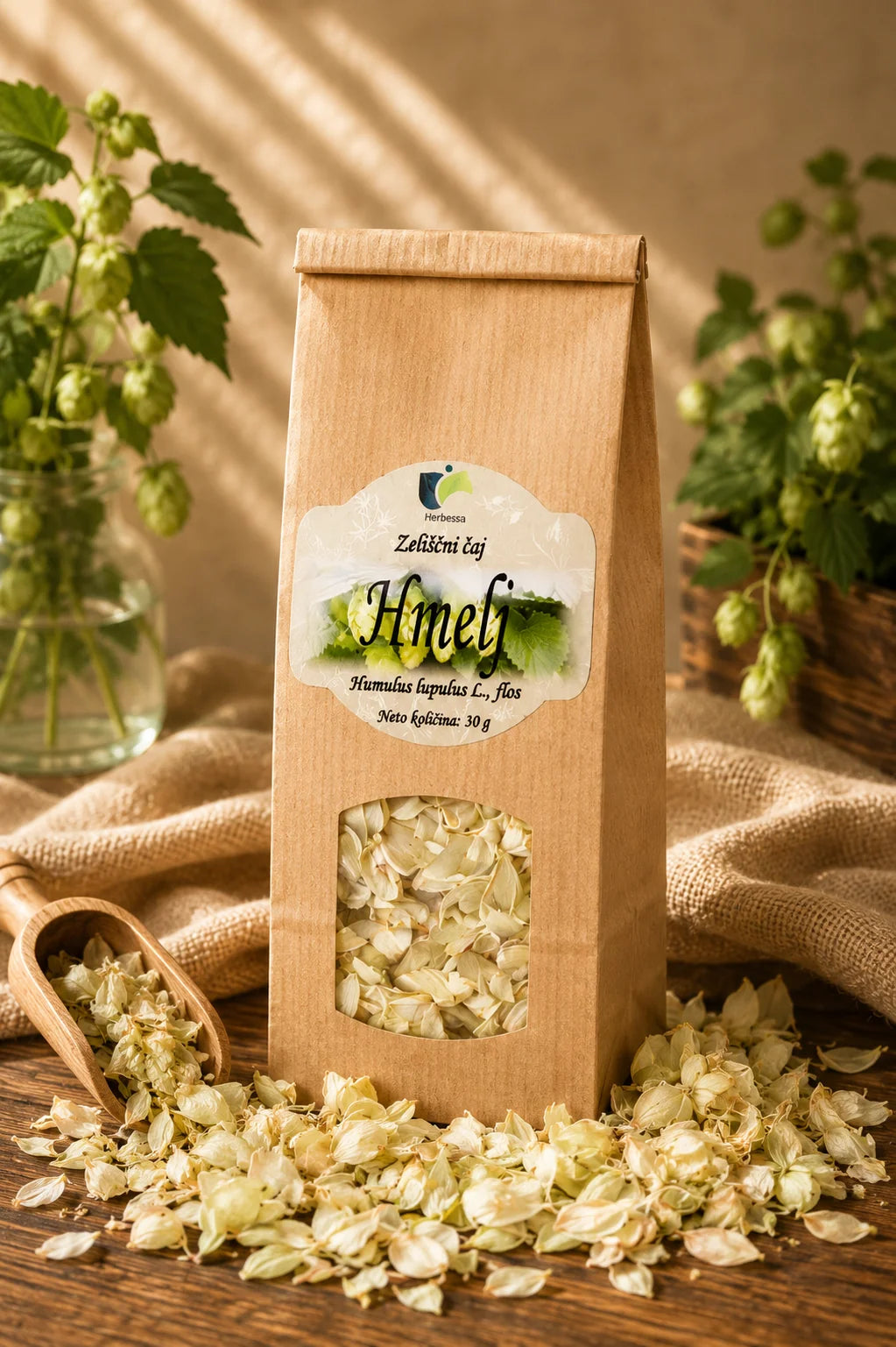 Zeliščni čaj Hmelj (Humulus lupulus) Herbessa – sušeni cvet hmelja 30 g v naravni papirnati embalaži