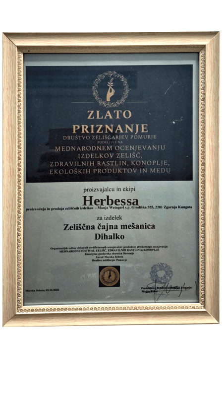 Zlato priznanje za zeliščno čajno mešanico Dihalko