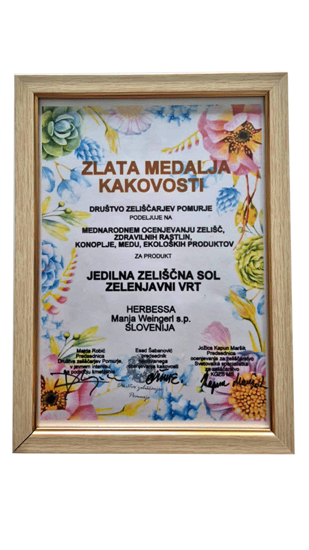 Zlato priznanje za jedilna zeliščna sol Zelenjavni vrt