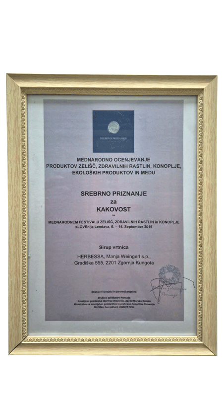 Srebrno priznanje za kakovost Sirup vrtnica