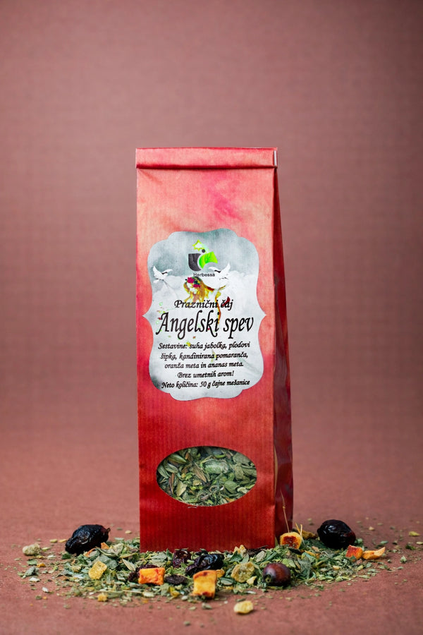 Praznični čaj Angelski spev Herbessa – sadno-zeliščna mešanica brez umetnih arom, vrhunska kakovost.