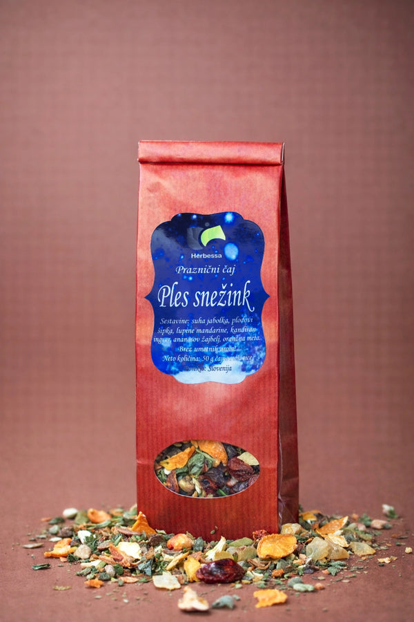 Praznični čaj Ples snežink Herbessa – sadno-zeliščna mešanica brez umetnih arom, bogat okus in vrhunska kakovost.