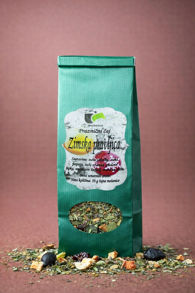 Praznični čaj Zimska pravljica Herbessa – sadno-zeliščna mešanica brez umetnih arom, bogata zimska aroma.