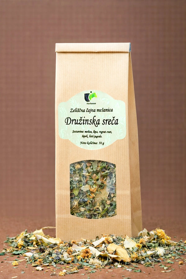 Zeliščni čaj Družinska sreča Herbessa – naravna čajna mešanica iz 100 % čistih zelišč, bogata aroma in odlična kakovost.