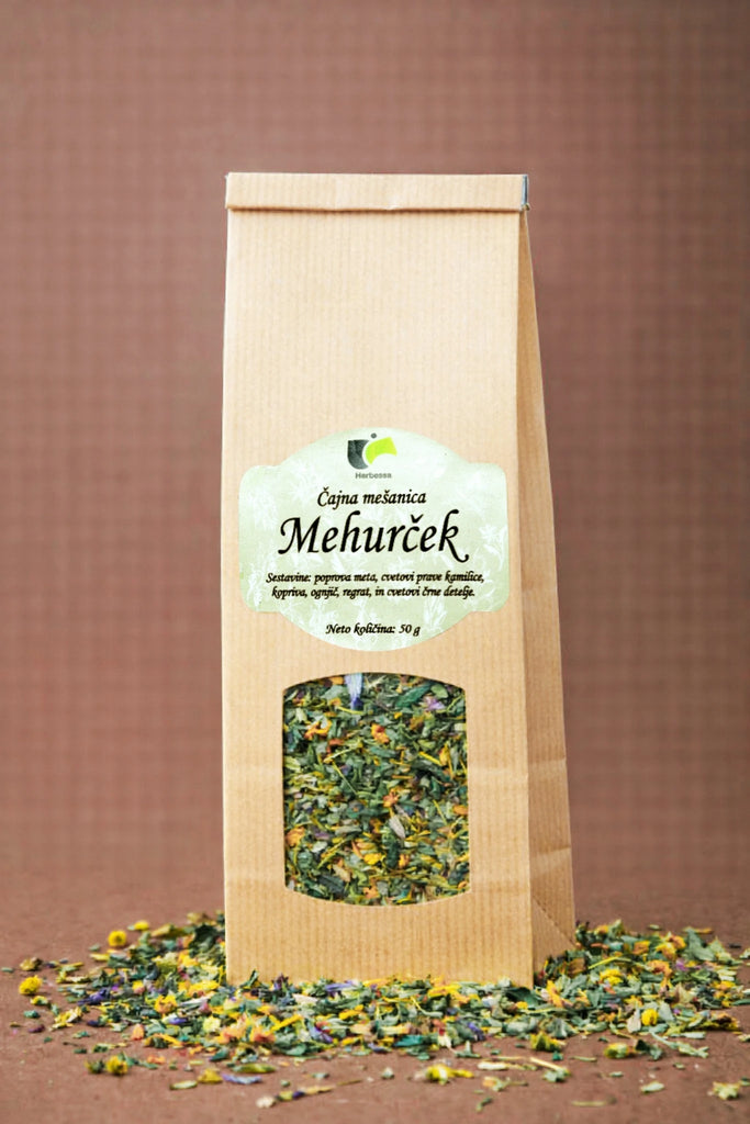 Zeliščni čaj Mehurček Herbessa – naravna čajna mešanica iz čistih zelišč, brez dodatkov, odlična kakovost in poln zeliščni okus.