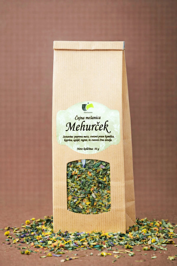 Zeliščni čaj Mehurček Herbessa – naravna čajna mešanica iz čistih zelišč, brez dodatkov, odlična kakovost in poln zeliščni okus.