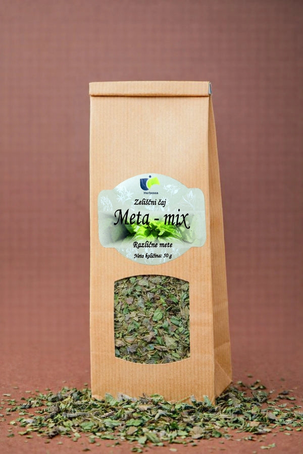 Zeliščni čaj Meta mix Herbessa – kombinacija različnih met iz lastne pridelave, sveža aroma in vrhunska kakovost.
