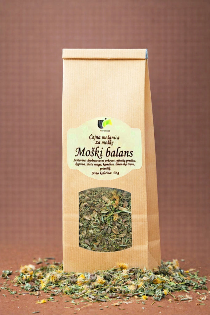 Zeliščni čaj Moški balans Herbessa – 100 % naravna čajna mešanica brez umetnih dodatkov, bogata zeliščna struktura.