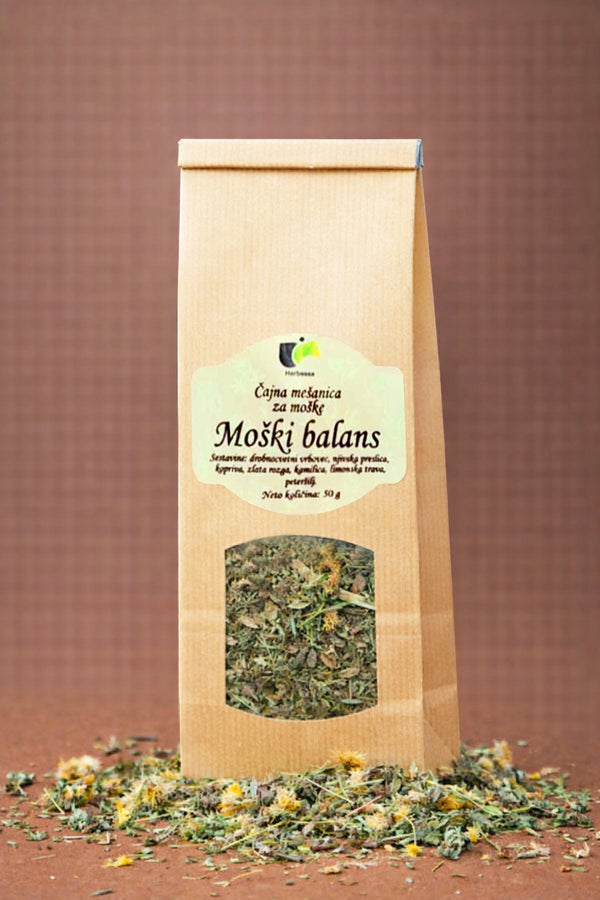 Zeliščni čaj Moški balans Herbessa – 100 % naravna čajna mešanica brez umetnih dodatkov, bogata zeliščna struktura.