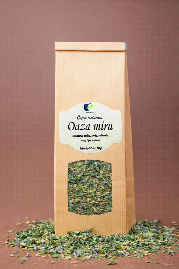 Zeliščni čaj Oaza miru Herbessa – harmonična mešanica čistih zelišč, naravna aroma in premium kakovost po dostopni ceni.