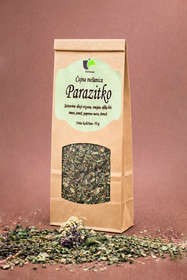 Zeliščni čaj Parazitko Herbessa – skrbno izbrana čajna mešanica iz 100 % naravnih zelišč brez umetnih dodatkov in primesi, vrhunska kakovost in polna zeliščna aroma.