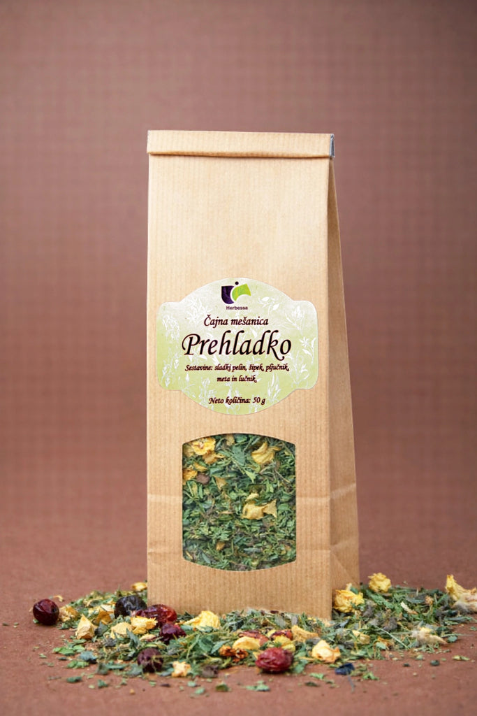 Zeliščni čaj Prehladko Herbessa – naravna čajna mešanica iz skrbno izbranih zelišč brez primesi.