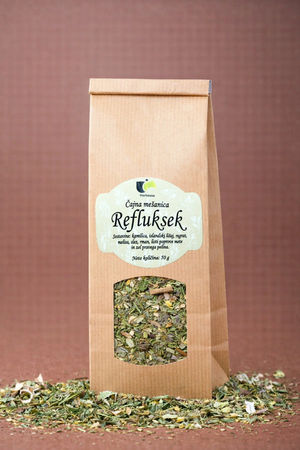 Zeliščni čaj Refluksek Herbessa – kakovostna mešanica naravnih zelišč brez primesi, polnega in svežega okusa.