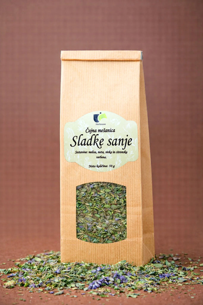 Zeliščni čaj Sladke sanje Herbessa – aromatična čajna mešanica iz čistih zelišč brez umetnih dodatkov.